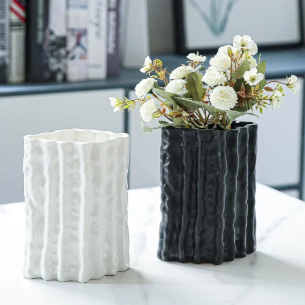 Set of 2 - Lg Black & White - Ribbed Rhombus Ceramic Vases for Flowers & Decor